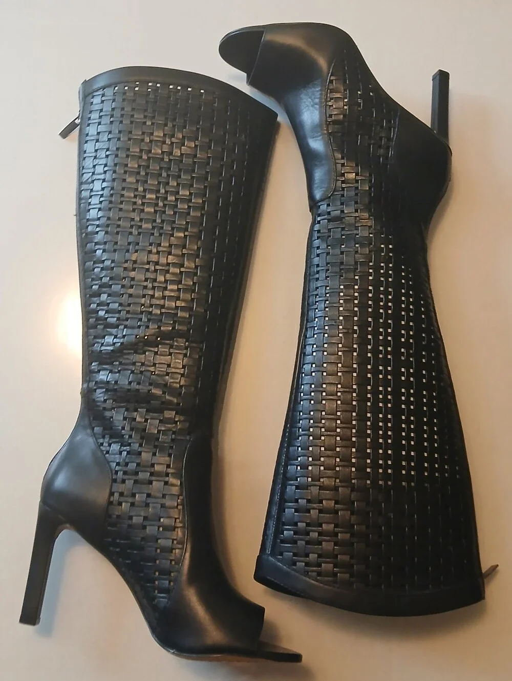 Black Woven Knee-High Peep-Toe Heels - Women